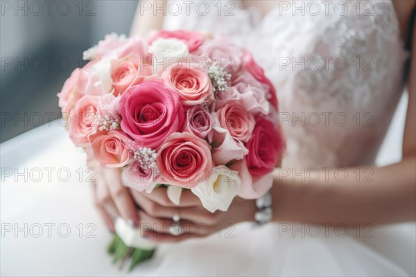 A bride in a white wedding dress holds a beautiful bridal bouquet