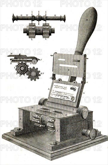 View and details of the Bramah numerator press for banknote production