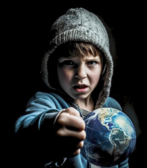 An angry young boy wearing a woolly hat and holding a globe shows his clenched fist