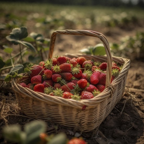 Raffia basket with fresh strawberries in a natural environment in a field