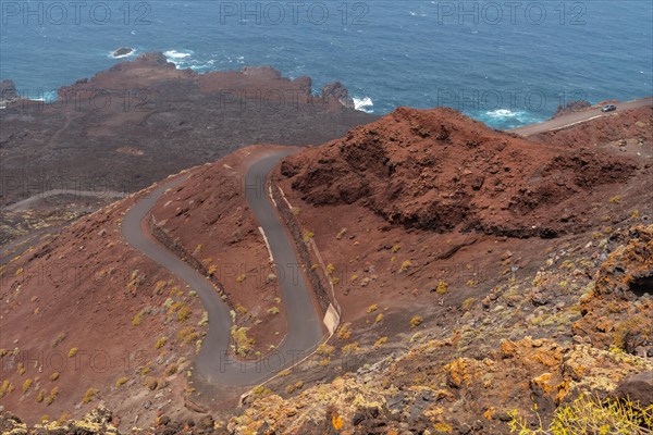 Curvy roads at the Lomo Negro viewpoint on the southwest coast of El Hierro. Canary Islands