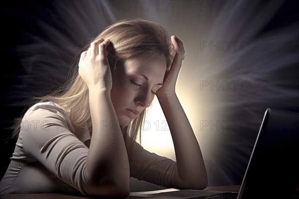 Young woman sitting exhausted at a notebook