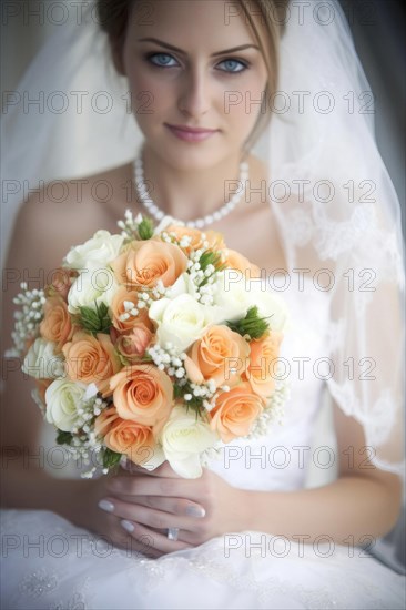 A bride in a white wedding dress holds a beautiful bridal bouquet