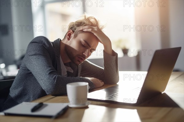 A man sits exhausted at a notebook in the office