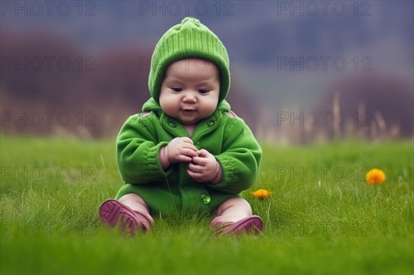 A baby in a woolly hat sits on a green lawn