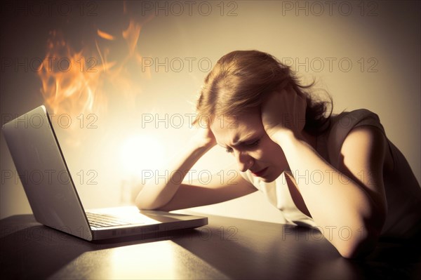 Young woman sitting exhausted at a notebook