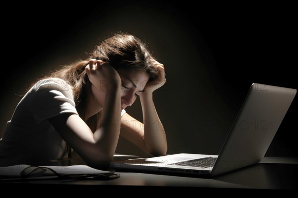 Young woman sitting exhausted at a notebook