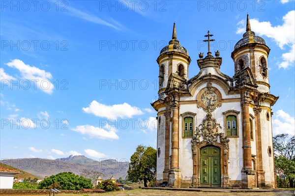 Front view of famous baroque church in the historic town of Ouro Prento in Minas Gerais