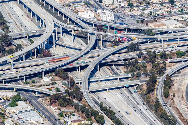 Aerial view of Harbor interchange and Century Freeway traffic in Los Angeles