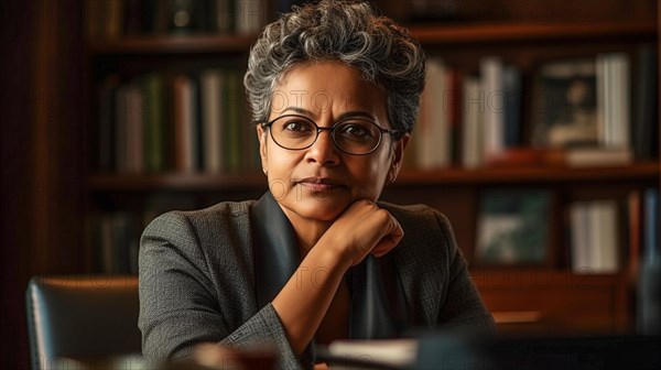 Contemplative successful middle-aged Indian executive businesswoman in her office