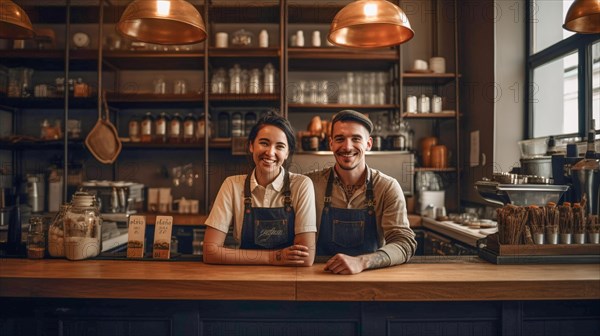 Proud young adult couple at the counter of their new bakery shop in europe