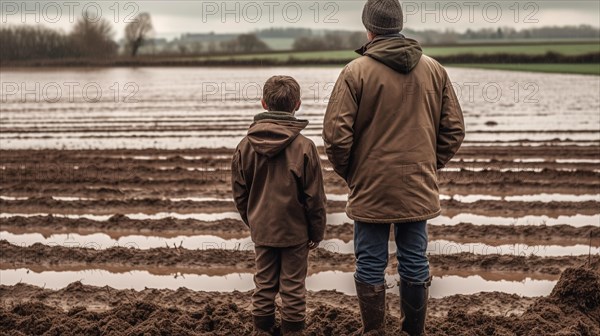 Distressed farming father and son look over their flooded farmland