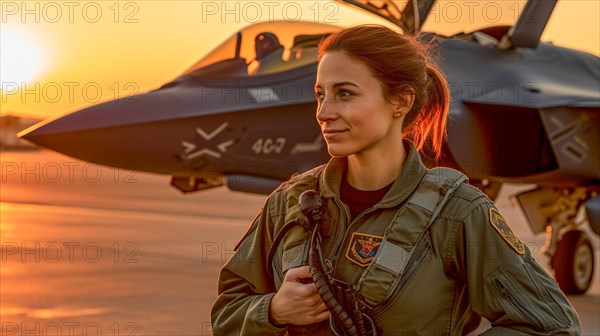 Proud young adult female air force fighter pilot in front of her lockheed martin F-35 lightning II combat aircraft on the tarmac