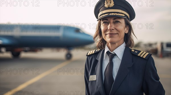Proud middle-aged female airline pilot in her uniform in front of her passenger airplane on the tarmac