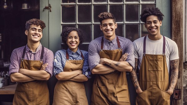 Proud young adult team at the entrance of their new bakery shop in europe