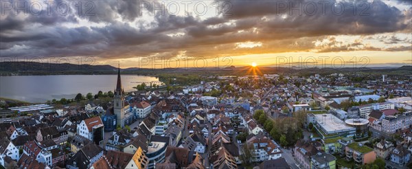 Aerial view of the town of Radolfzell on Lake Constance at sunset