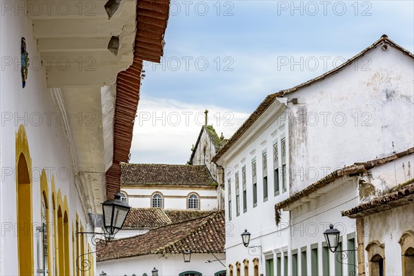 Detail of the facades of old colonial style houses in the historic city of Paraty in Rio de Janeiro