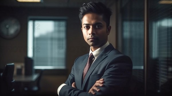 Contemplative successful young adult Indian executive businessman in his office