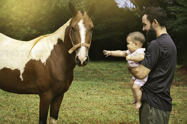 Father with baby in his arms on a farm next to a horse. Sunset light. Father and daughter day