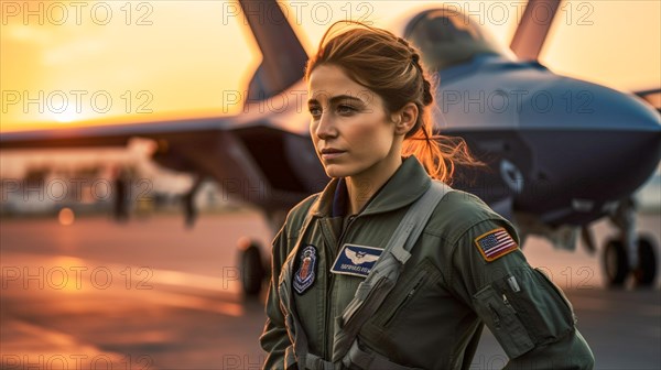 Proud young adult female air force fighter pilot in front of her lockheed martin F-35 lightning II combat aircraft on the tarmac