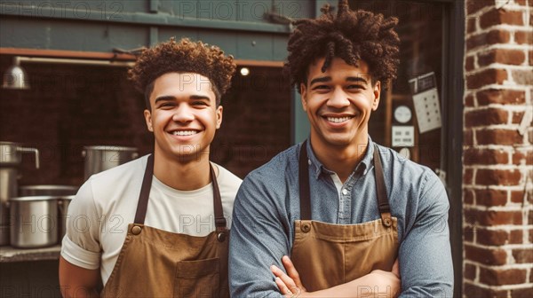 Proud young adult male partners at the entrance of their new bakery shop in europe