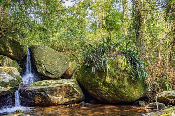 Small waterfall among the rainforest vegetation of Ilhabela island with mossy stones on the north coast of Sao Paulo state