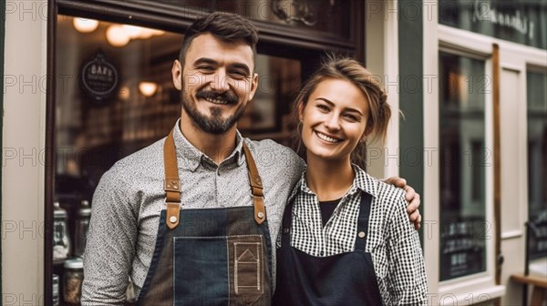 Proud young adult couple at the entrance of their new bakery shop in europe