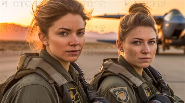 Two proud young adult female air force fighter pilots in front of their F-35 combat aircraft on the tarmac