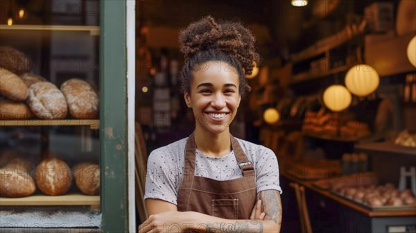 Proud young adult multi-ethnic female at the entrance of her quaint bakery in europe