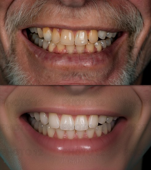 Middle-aged man showing his beautiful before and after teeth dental work and whitening smile