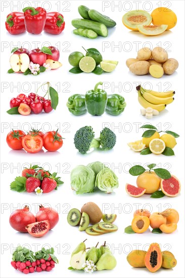 Fruit and vegetables Fruits with apple Lemon Tomatoes as collage background cropped isolated in Stuttgart