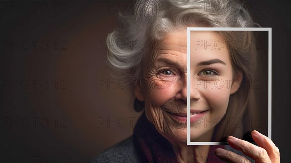 Elderly woman with wrinkled skin portrait holding A photo of herself as A young girl with perfect skin