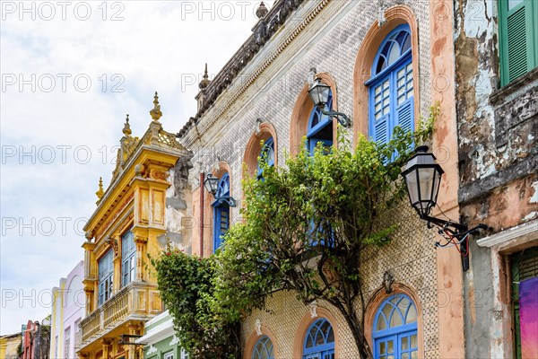 Facade of old colorful houses in the Pelourinho neighborhood in the city of Salvador in Bahia