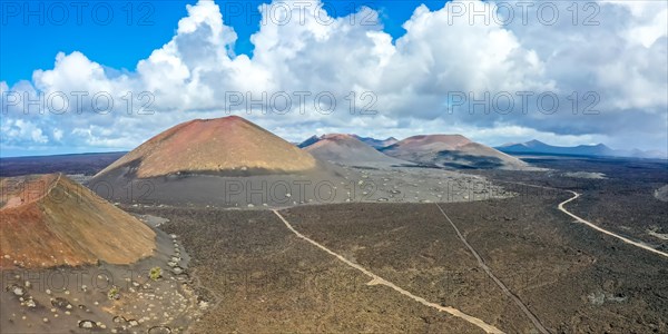 Volcanoes in Timanfaya National Park in the Canary Islands Panorama Aerial View on the Island of Lanzarote