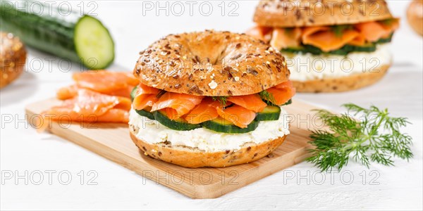 Bagel sandwich for breakfast topped with salmon fish Panorama in Stuttgart