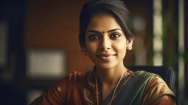 Smiling successful young adult Indian executive businesswoman in her office