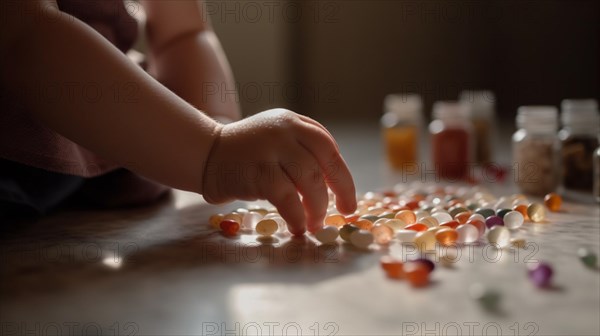 A young toddler has found some prescription pills at home