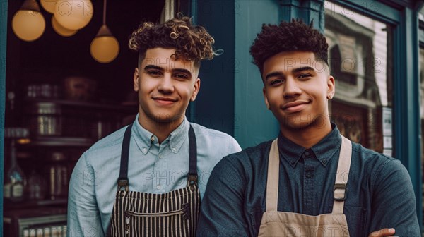Proud young adult male partners at the entrance of their new bakery shop in europe