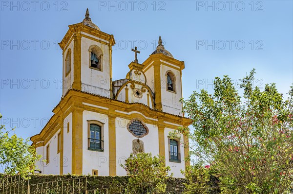 Historic church from the 18th century with colonial style on top of the hill in the city of Ouro Preto in Minas Gerais