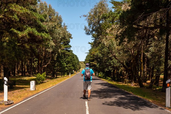 Mountaineer walking on the road in the trekking of La Llania in El Hierro