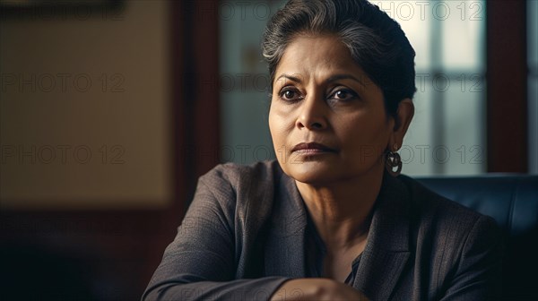 Contemplative successful middle-aged Indian executive businesswoman in her office