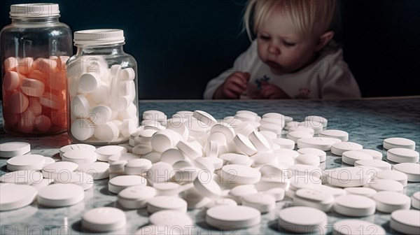 A young toddler has found some prescription pills at home