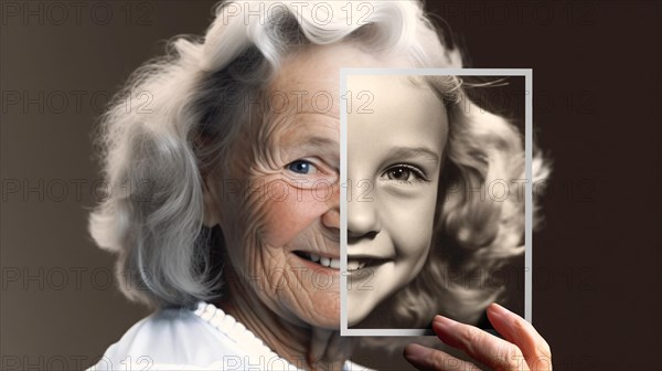 Elderly woman with wrinkled skin portrait holding A photo of herself as A young girl with perfect skin