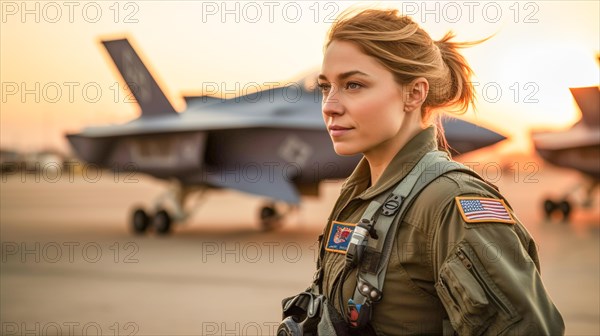 Proud young adult female air force fighter pilot in front of her lockheed martin F-35 lightning II combat aircraft on the tarmac