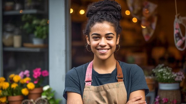 Proud young adult multi-ethnic female at the entrance of her quaint flower shop in europe