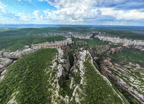 Aerial of the Sandstone cliffs in the Unesco site Serra da Capivara National Park