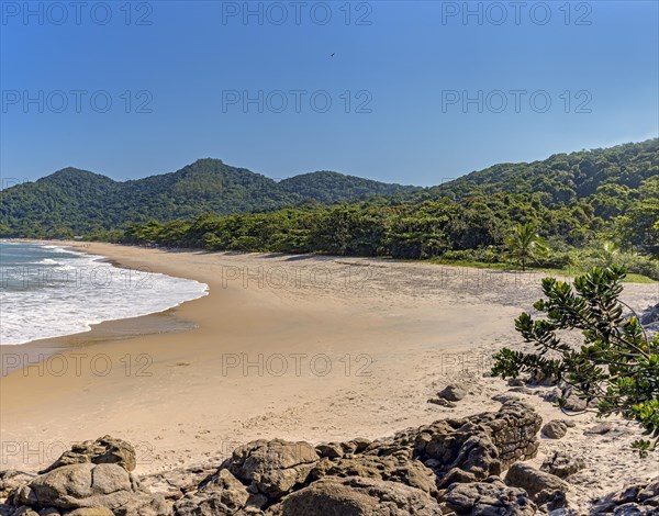 Beach surrounded by untouched forest and mountains in Bertioga on the south coast of Sao Paulo state