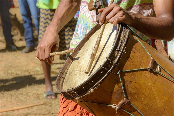 Ethnic and rustic handmade drums in a religious festival that originated in the mixing of the culture of enslaved Africans with European colonizers