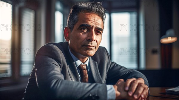 Contemplative successful middle-aged Indian executive businessman in his office