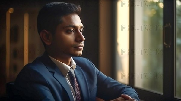 Contemplative successful young adult Indian executive businessman in his office